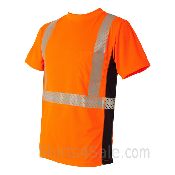 orange work in safety reflective strips bright t shirt side view